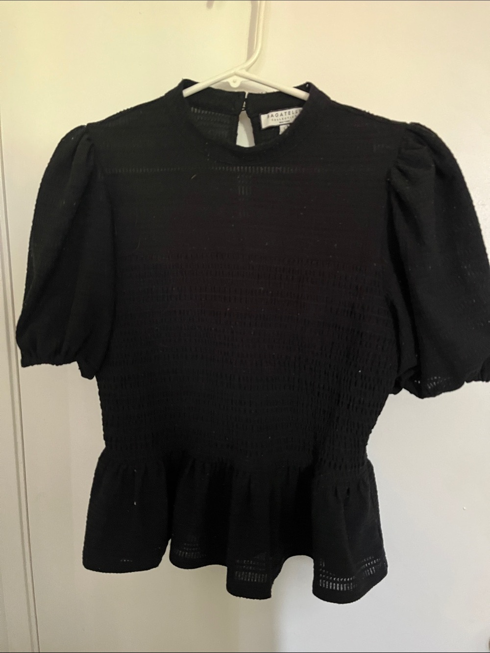 Bagatelle Collection Smocked Peplum Puff-Sleeve Top in Black